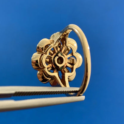 Vintage 14K Yellow Gold Diamond Cluster Blue Enamel Flower Cocktail Ring