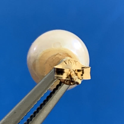 Designer 14K Yellow Gold White Pearl Solitaire Statement Stud Earrings 7.65mm