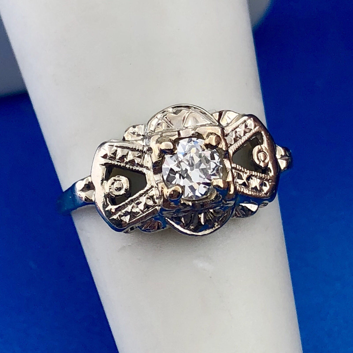 Art Deco 14K White Gold Diamond European Mine Cut Engagement Bridal Ring