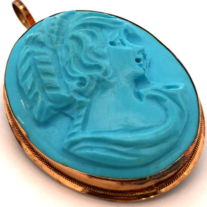 Designer Vintage 14K Yellow Gold Oval Blue Carved Cameo Brooch Pendant