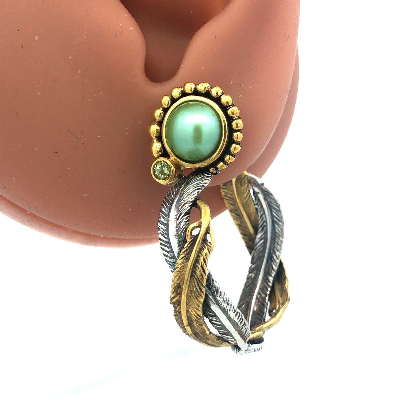 Designer Dream 925 Sterling Silver Bronze Peridot Feather Hoop Earrings