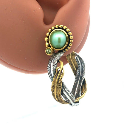 Designer Dream 925 Sterling Silver Bronze Peridot Feather Hoop Earrings