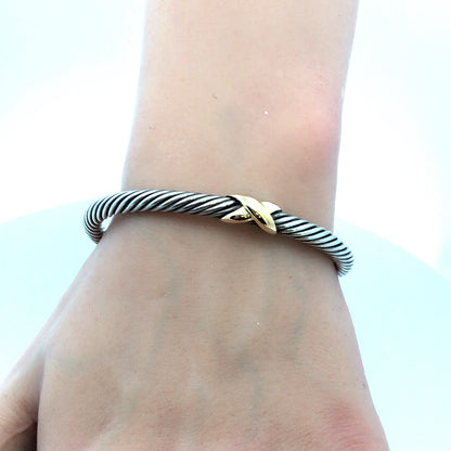 David Yurman 925 Sterling Silver 14K Gold Station Single X Cable Cuff Bracelet