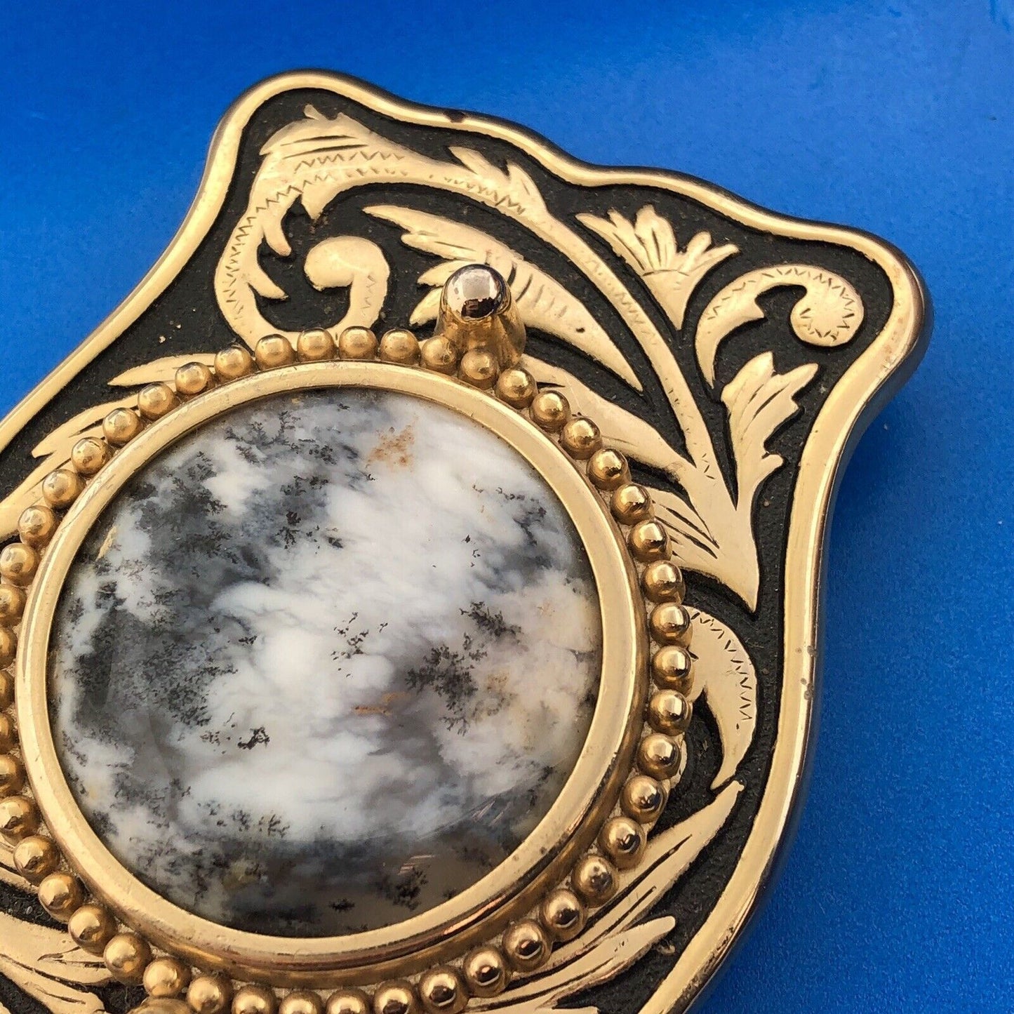 Dramatic Brass Black White Jasper Stone Scroll Intaglio Rectangle Belt Buckle
