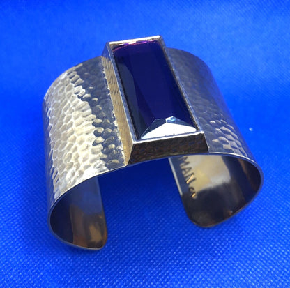 IMAN CN Gold Tone Hammered Metal Purple Cubic Zircoina Statement Cuff Bracelet