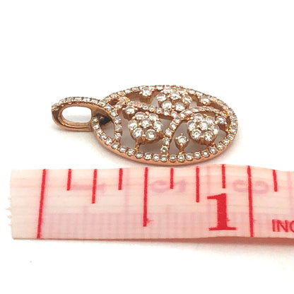 Designer 18K Yellow Gold Round Diamond Pave Floral Oval Pendant