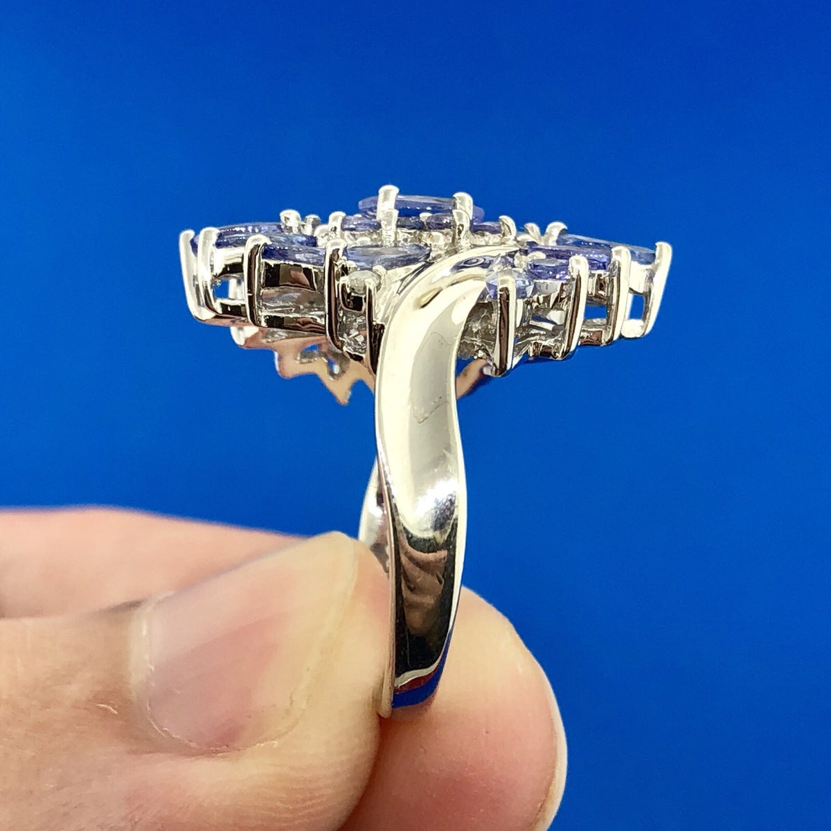 Stunning Designer JS 925 Sterling Silver Tanzanite Diamond Floral Cluster Ring