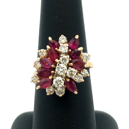 14K Yellow Gold Marquise Ruby Diamond Cluster Waterfall Ring