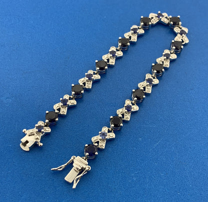 Designer 925 Sterling Silver Blue Sapphire Diamond X O Statement Tennis Bracelet