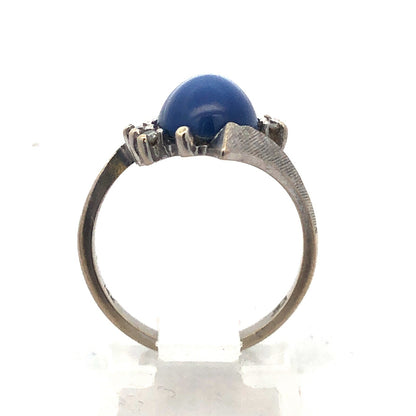 Mid Century Modern 14K White Gold Blue Star Sapphire Diamond Cocktail Ring
