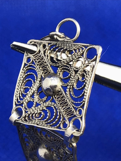 Vintage 925 Sterling Silver Beaded Filigree Delicate Square Panel Bracelet