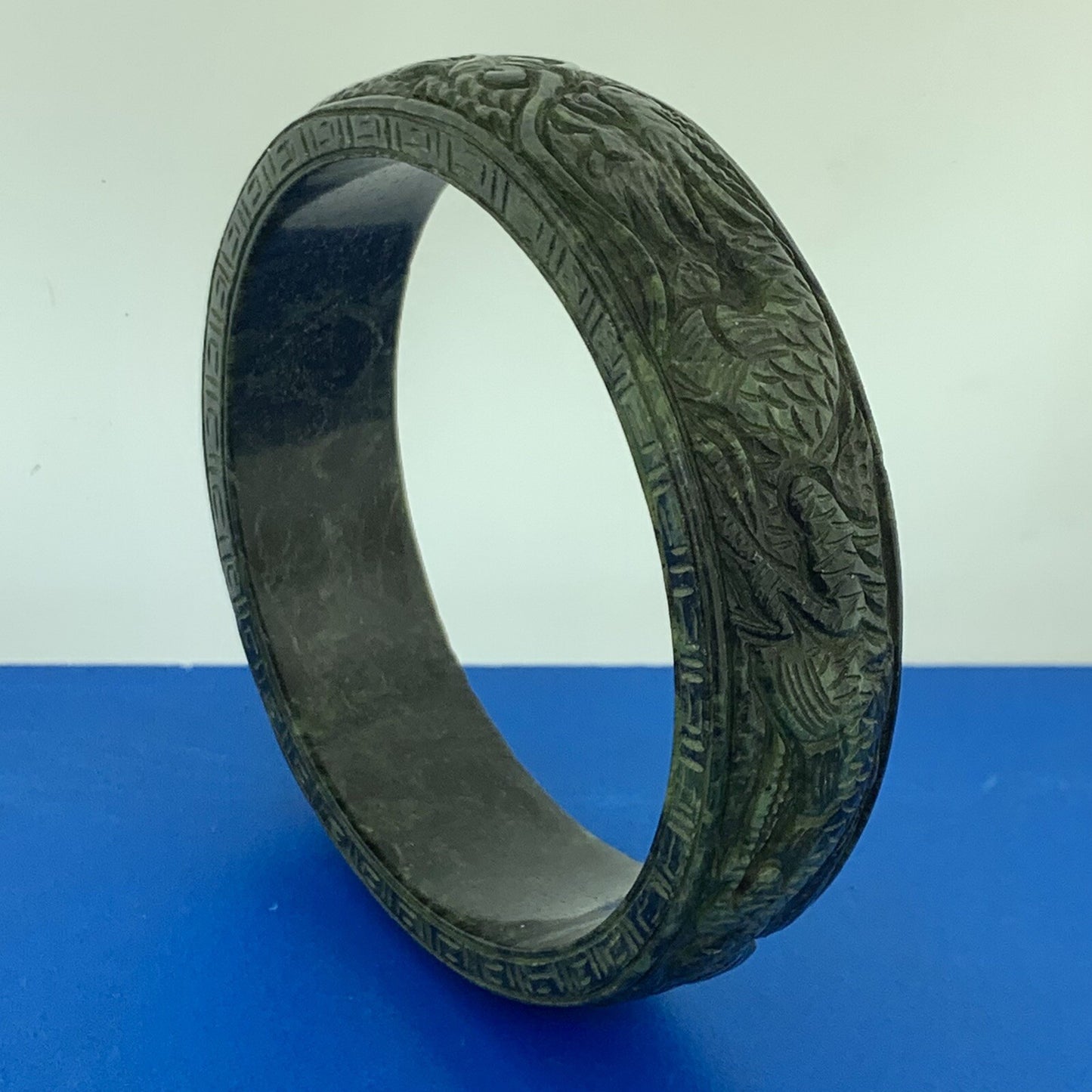 Vintage Carved Burmese Jade Dueling Dragon Fire Bird Statement Bracelet