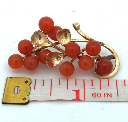 Estate 14K Yellow Gold Carnelian Bead Berry Vine Statement Brooch Pin Pendant