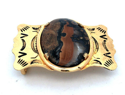 Retro Gold Tone Brass Southwestern Etched Oval Volcanic Stone Unisex Belt Buckle