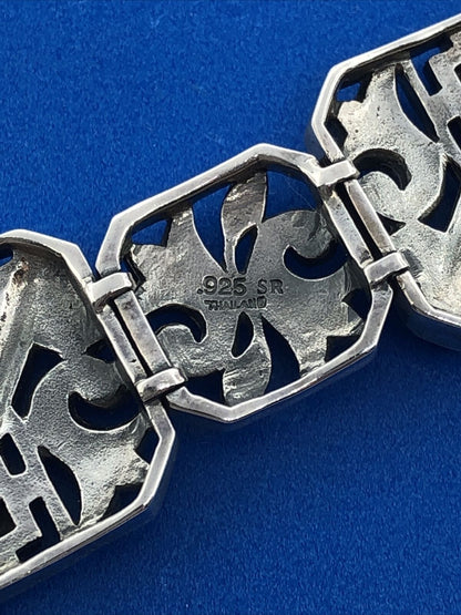 Art Deco Style 925 Sterling Silver Black Onyx Marcasite Scroll Panel Bracelet