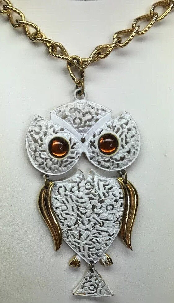 Park Lane Amber Eyes White Enamel Filigree 3D Owl Gold Tone Statement Necklace