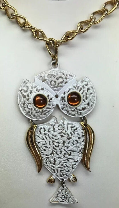 Park Lane Amber Eyes White Enamel Filigree 3D Owl Gold Tone Statement Necklace