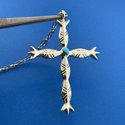 Native American Signed TQ Sterling Silver Turquoise Totem Pole Cross Necklace