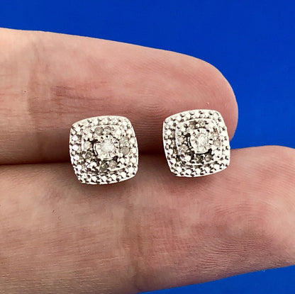 Elegant Sterling Silver 925 Diamond Three Tier Square Cluster Stud Earrings