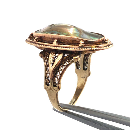 Vintage Art Deco Retro 10K Yellow Gold Abalone Ring with Filigree Detailing
