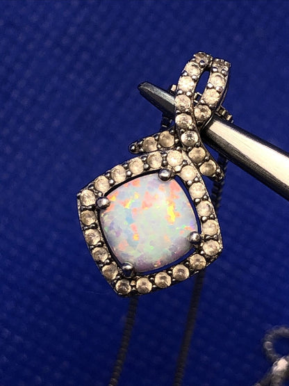 Designer SUN 925 Sterling Silver Opal and Diamond Halo Accent Pendant Necklace