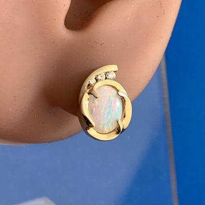 Designer 14K Yellow Gold Oval Opal Diamond Accented Stud Earrings