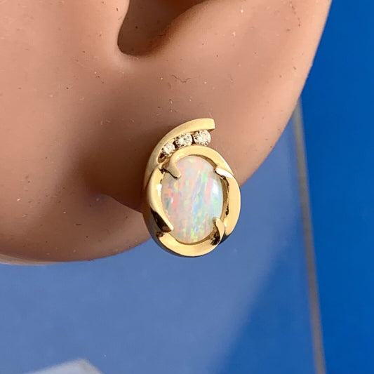 Designer 14K Yellow Gold Oval Opal Diamond Accented Stud Earrings