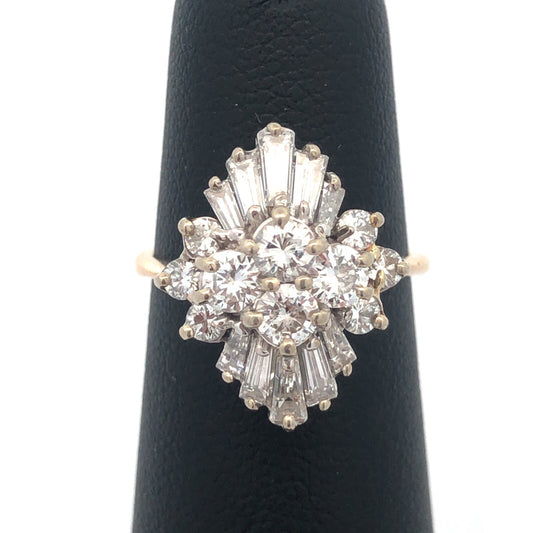 Estate 14K Yellow Gold Diamond Cluster Waterfall Statement Cocktail Ring