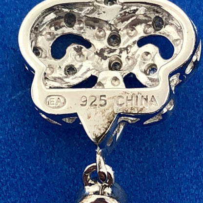 Designer EA Sterling Silver 925 Diamond Blue Topaz Fleur De Lis Drop Earrings