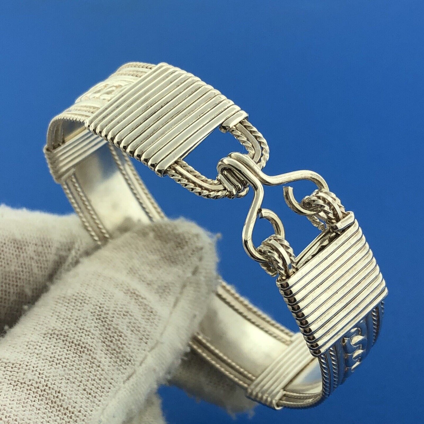 Estate 925 Sterling Silver Textured Design Wire Wrapped Cuff Bracelet