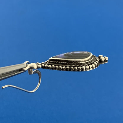 Beautiful 925 Sterling Silver Abalone Pear Shaped Balinese Style Dangle Earrings