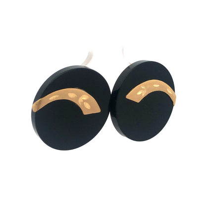 Retro 10K Yellow Gold Leaf Etched Black Resin Modernist Statement Stud Earrings