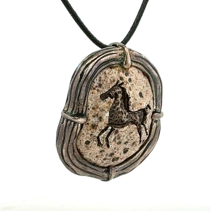 Vintage Sterling Silver Stone Carved Horse Statement Pendant Leather Necklace