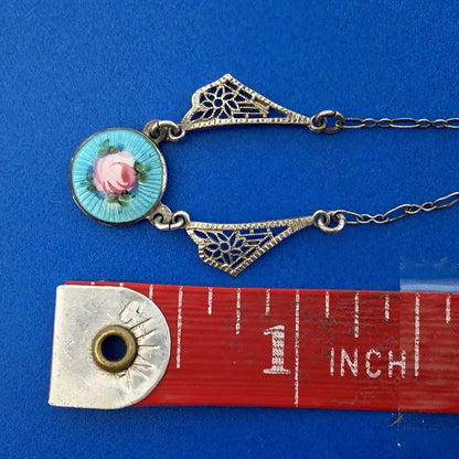 Victorian Sterling Silver 925 Guilloche Enamel Rose Filigree Childs Necklace