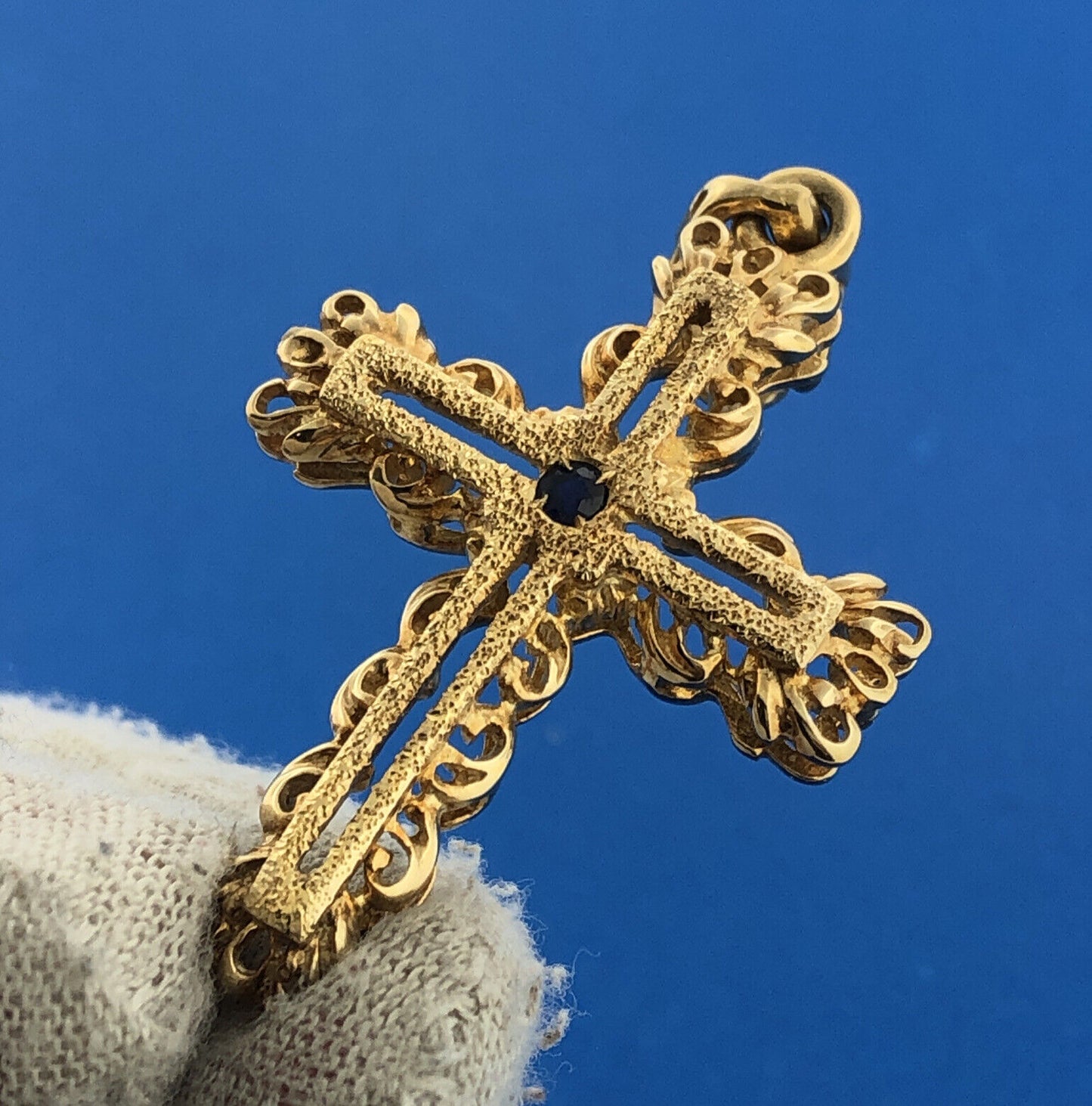 Veronese 925 Sterling Silver Vermeil Sapphire Open Work Statement Cross Pendant