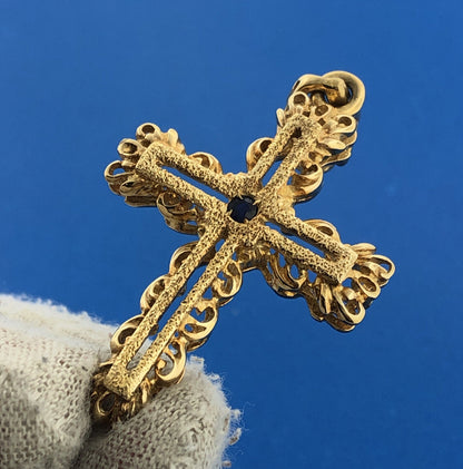 Veronese 925 Sterling Silver Vermeil Sapphire Open Work Statement Cross Pendant