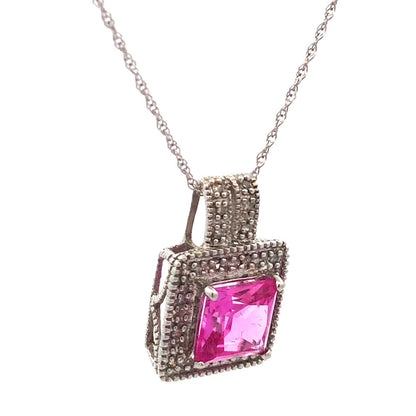 Designer 10K White Gold Princess Pink Sapphire Diamond Pendant Necklace