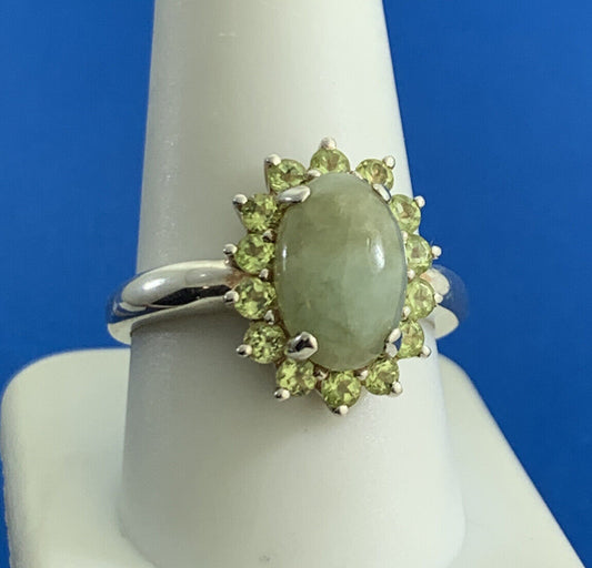 Designer 925 Sterling Silver Oval Jade Cabochon Round Peridot Halo Cocktail Ring