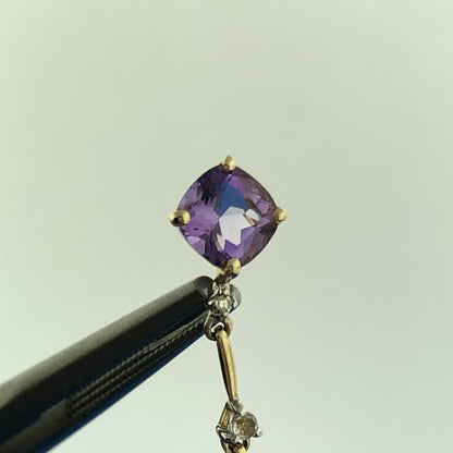Gorgeous 14k Yellow Gold Cushion Amethyst Quartz Diamond Dangle Stud Earrings