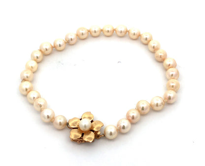 Designer 14K Yellow Gold Flower Clasp Hand Knotted Pearl Bead Bracelet
