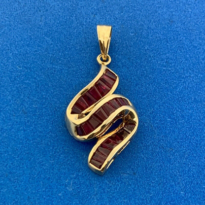 Designer 14K Yellow Gold Ruby Tapered Baguette S Ribbon Statement Pendant