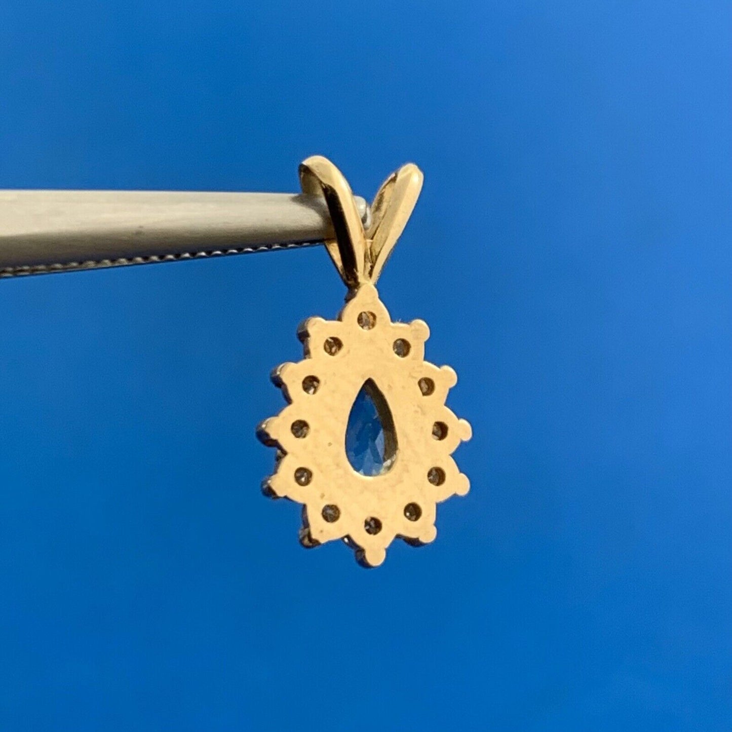 Estate 14k Yellow Gold Pear Blue Topaz Diamond Halo Pendant