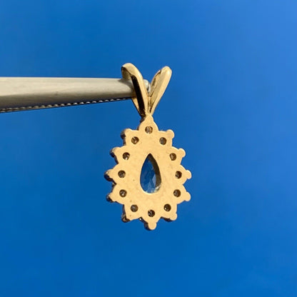 Estate 14k Yellow Gold Pear Blue Topaz Diamond Halo Pendant