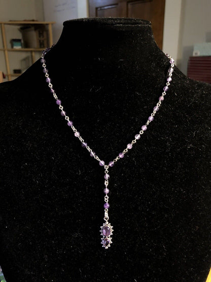 925 Sterling Silver Amethyst Beaded Pendant Necklace Lariat