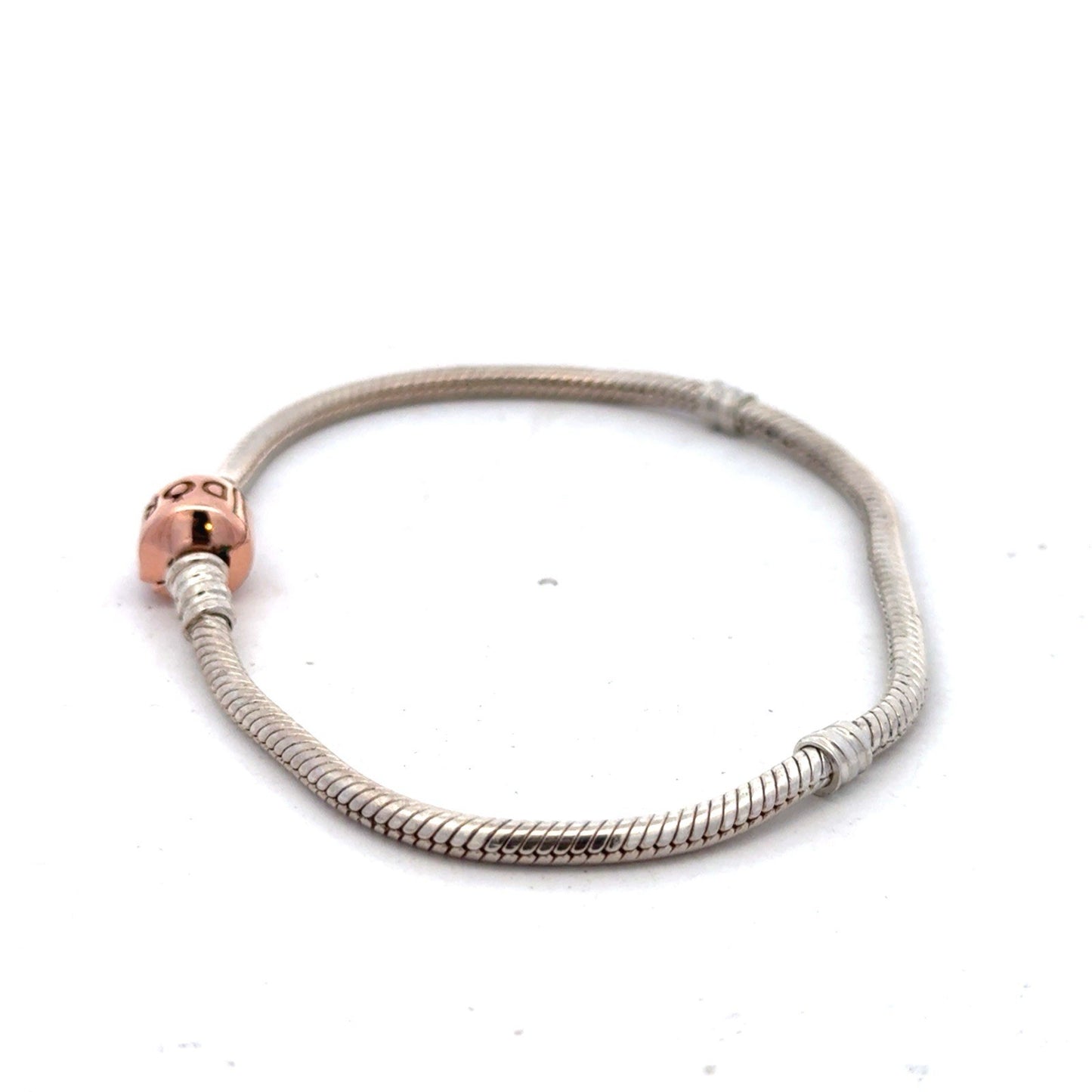 PANDORA 925 Sterling Silver Rose Gold Clasp 580702 Snake Chain Charm Bracelet