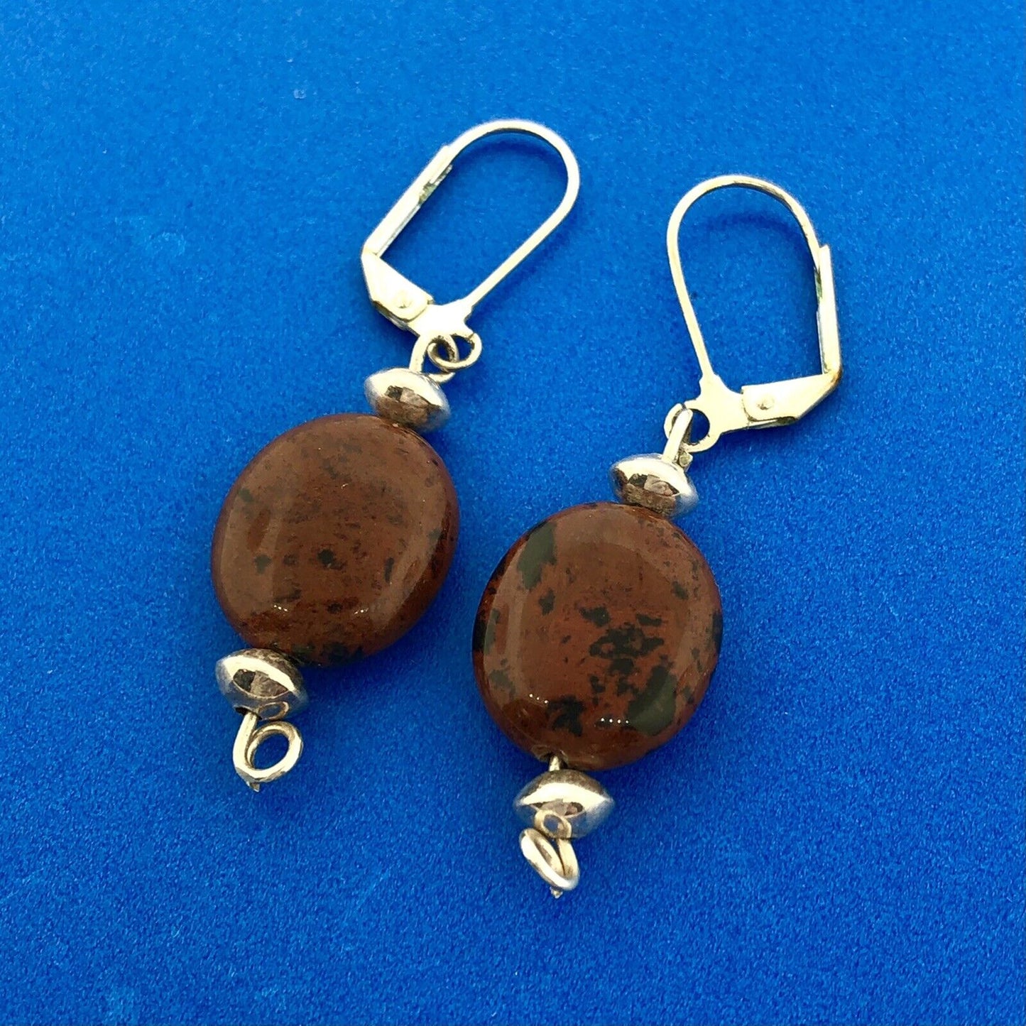 Lovely Silver Toned Brown Black Cabochon Agate Leverback Dangle Earrings