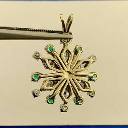 Vintage 14K Yellow Gold Diamond and Emerald Flower Snowflake Statement Pendant