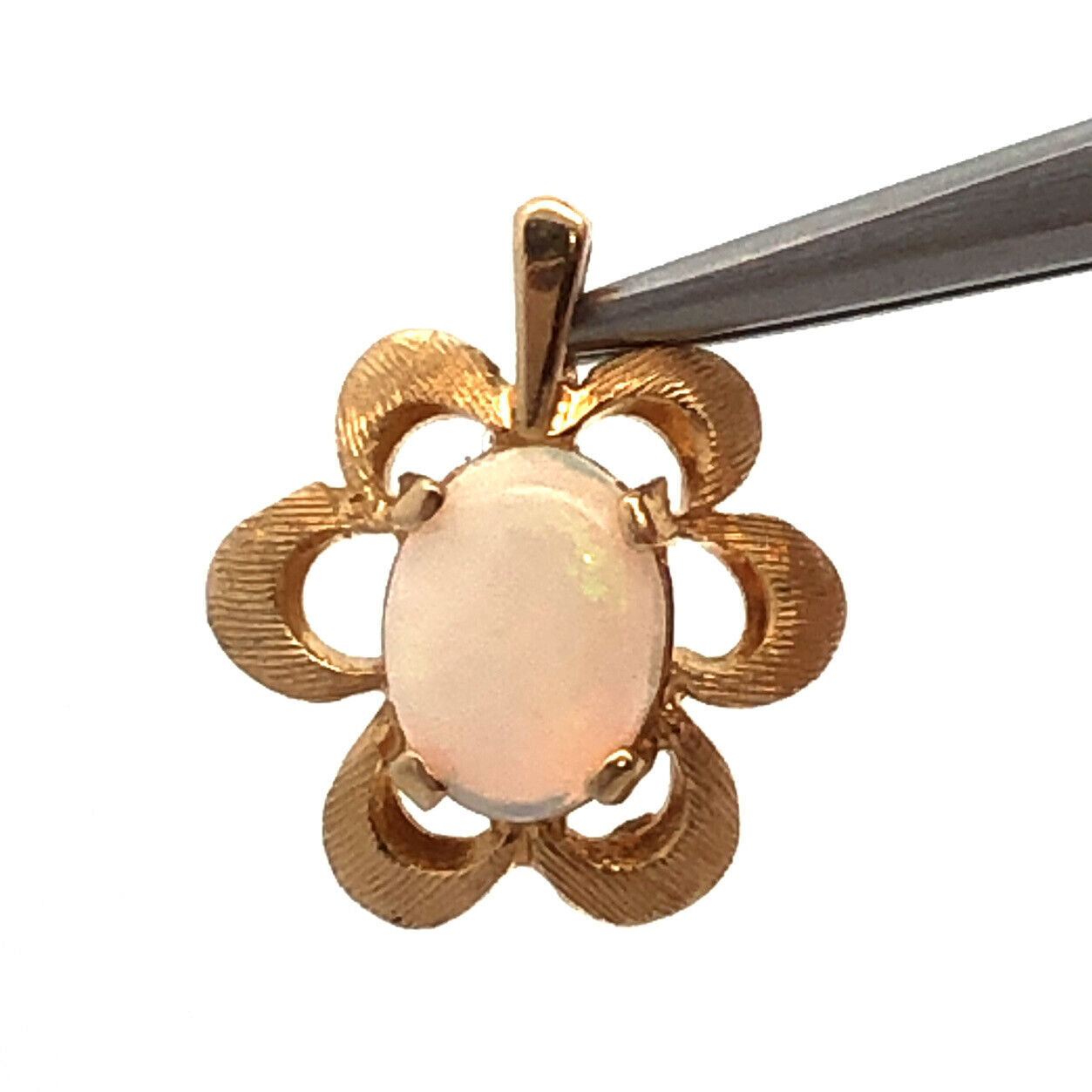 Modernist 14K Yellow Gold Oval Opal Textured Flower Shape Petite Pendant