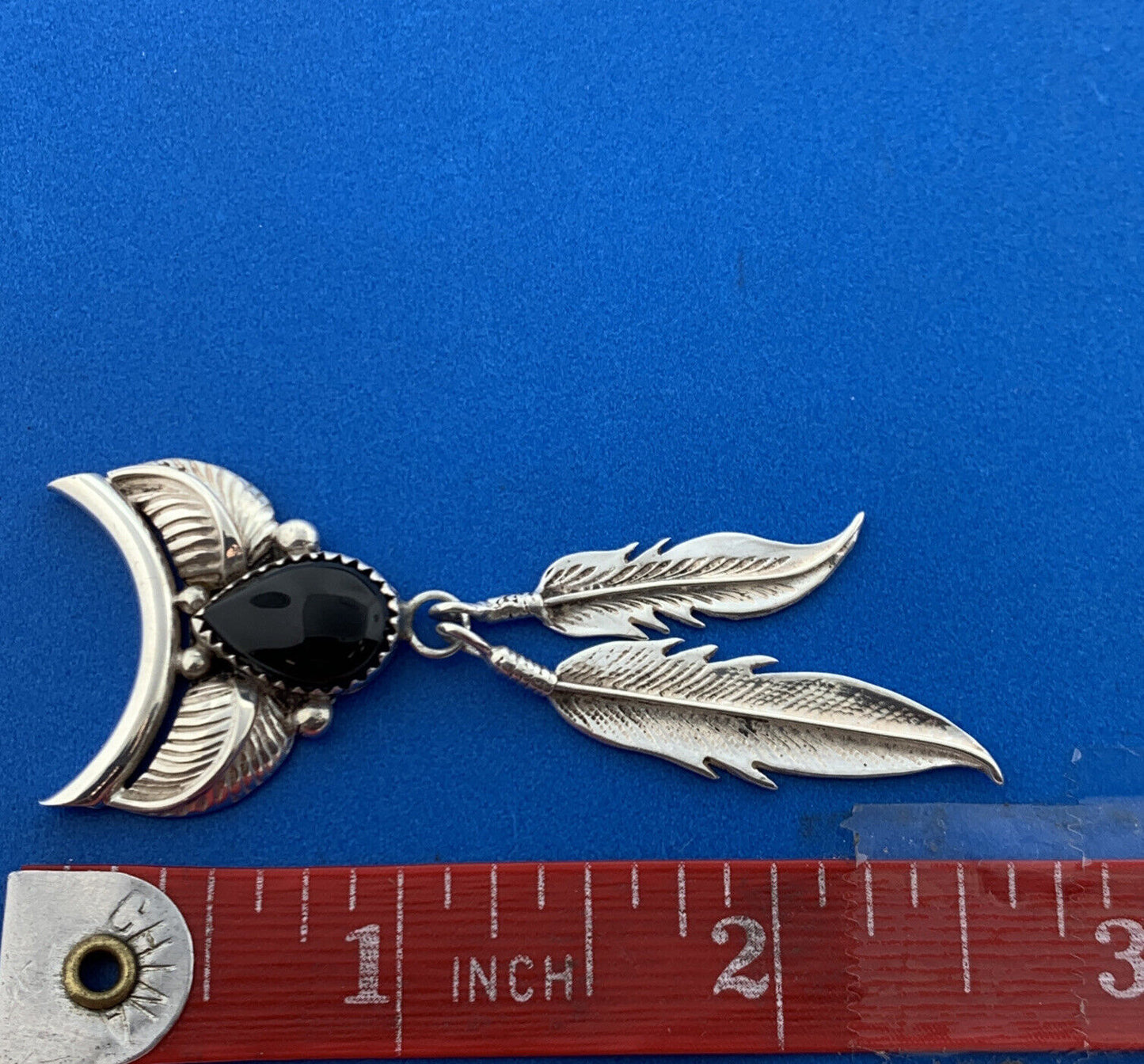 Navajo Designer Eddie Secatero Sterling Silver 925 Onyx Feather Dangle Pendant