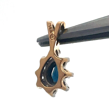 Vintage 14K Yellow Gold Pear Cut Blue Sapphire Diamond Halo Teardrop Pendant
